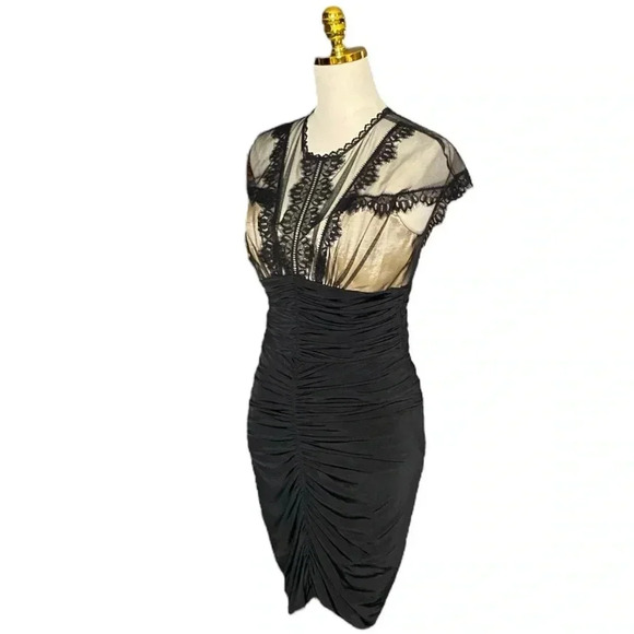 JESSICA McCLINTOCK | Y2K Black Mesh Lace Sheath Ruched Mini Dress Size 10 - Picture 4 of 10